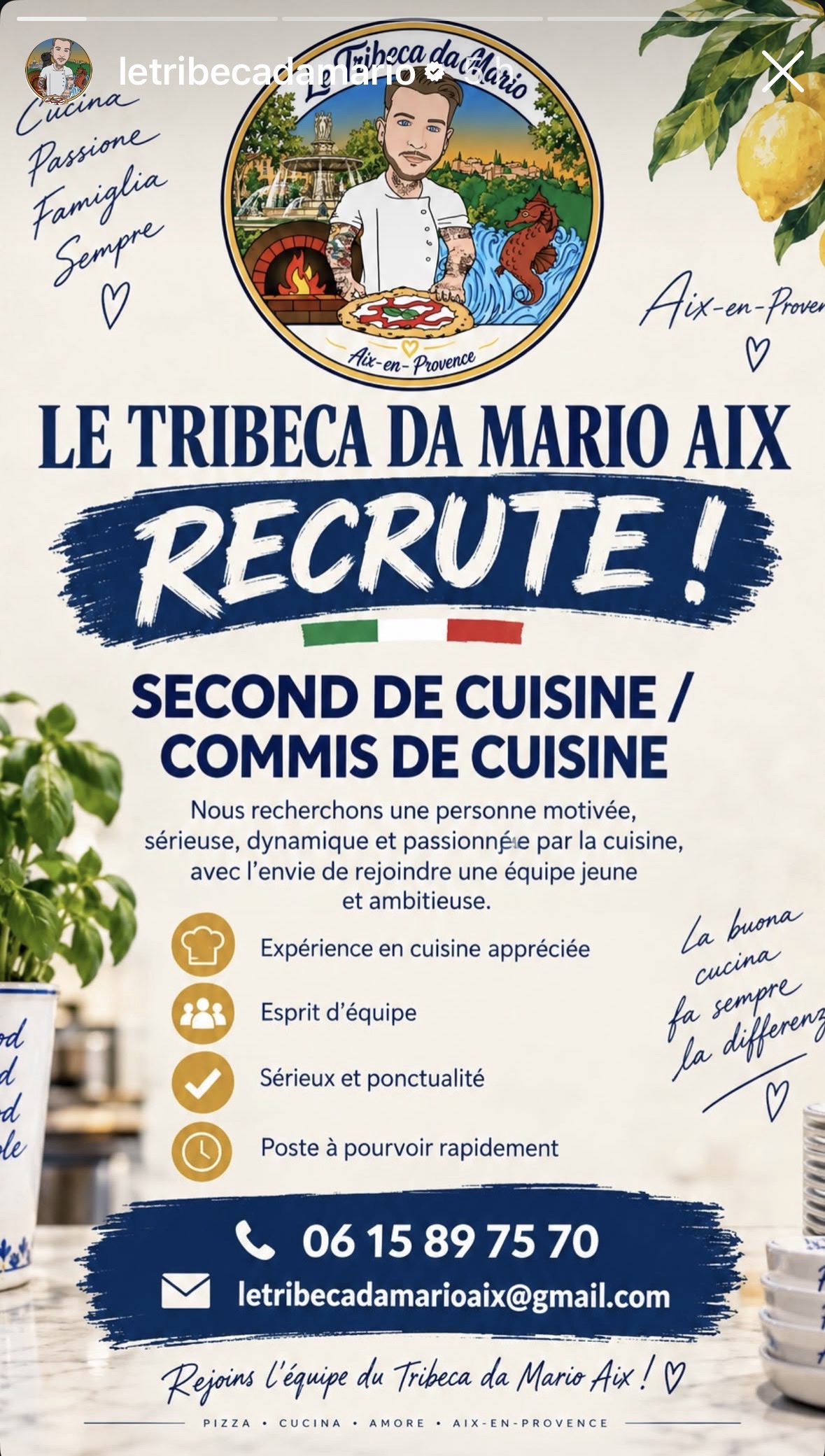 Le Tribeca Da Mario Aix recrute — Second / Commis de cuisine