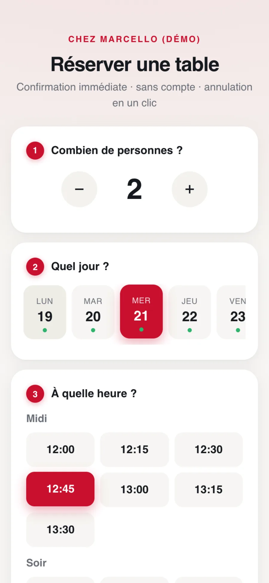 Formulaire de réservation vu par le client