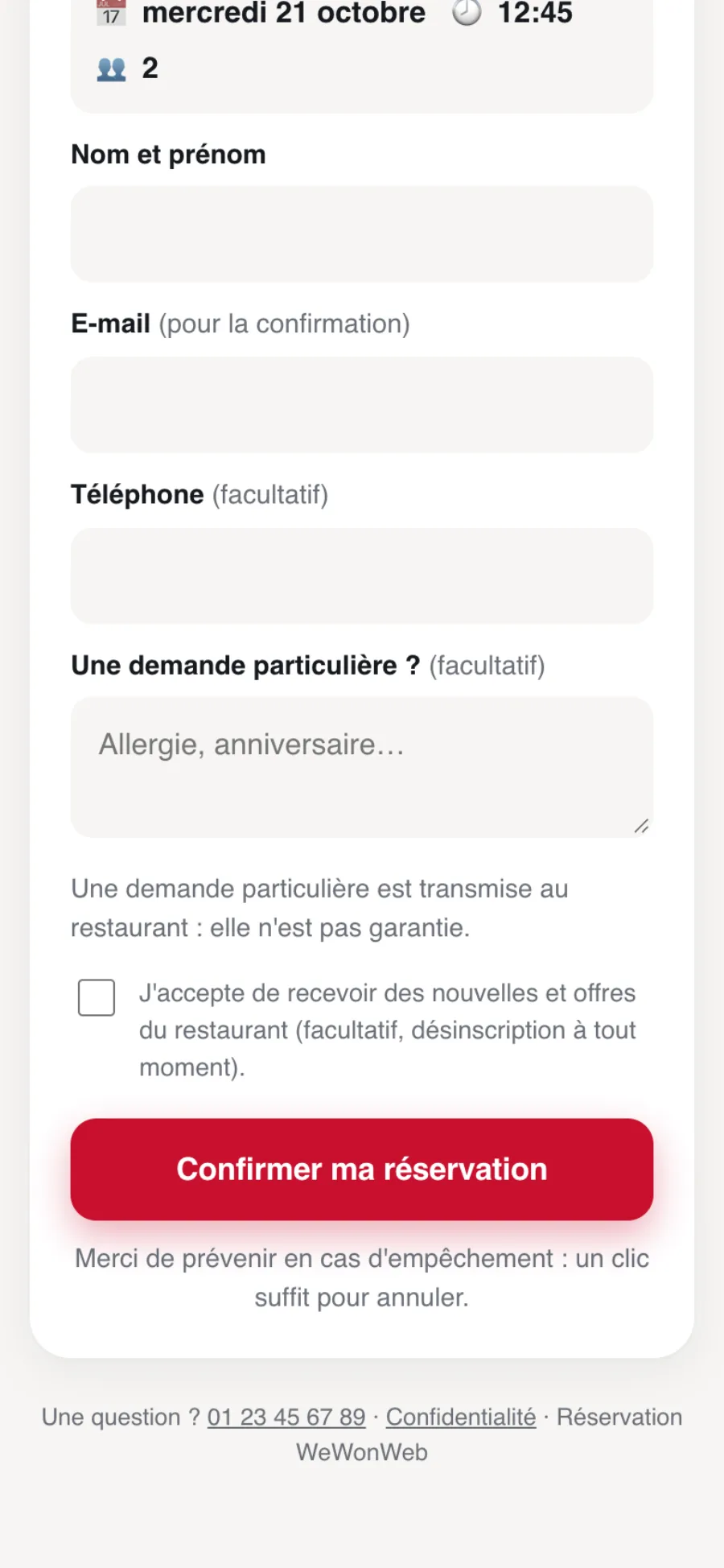 Coordonnées et confirmation de la réservation