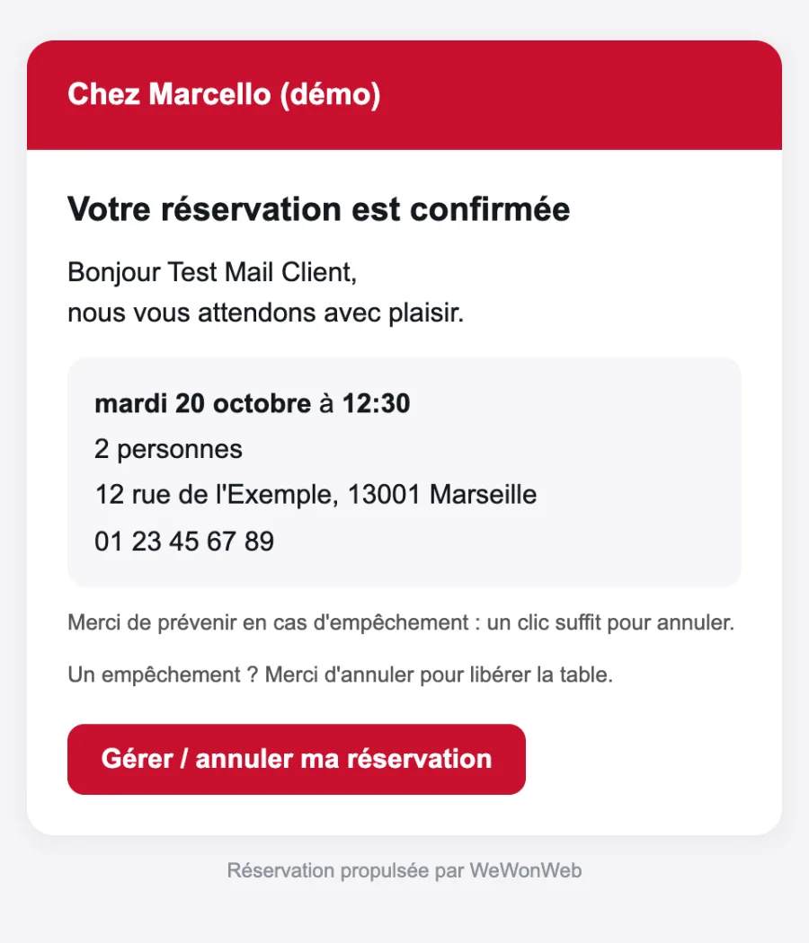 E-mail de confirmation de réservation